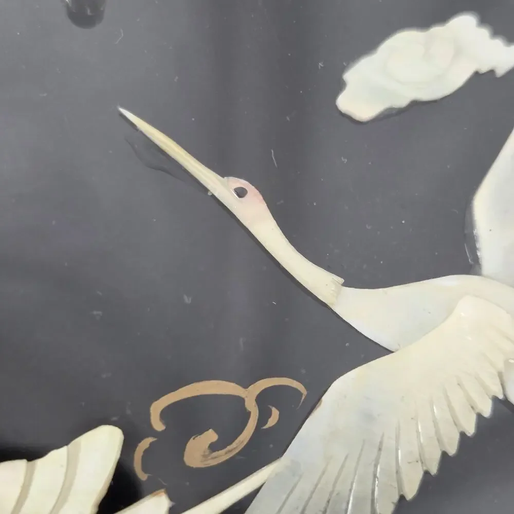 Vintage Asian Mother of Pearl Bird Lacquer Wall Clock 12” Japanese Crane Black